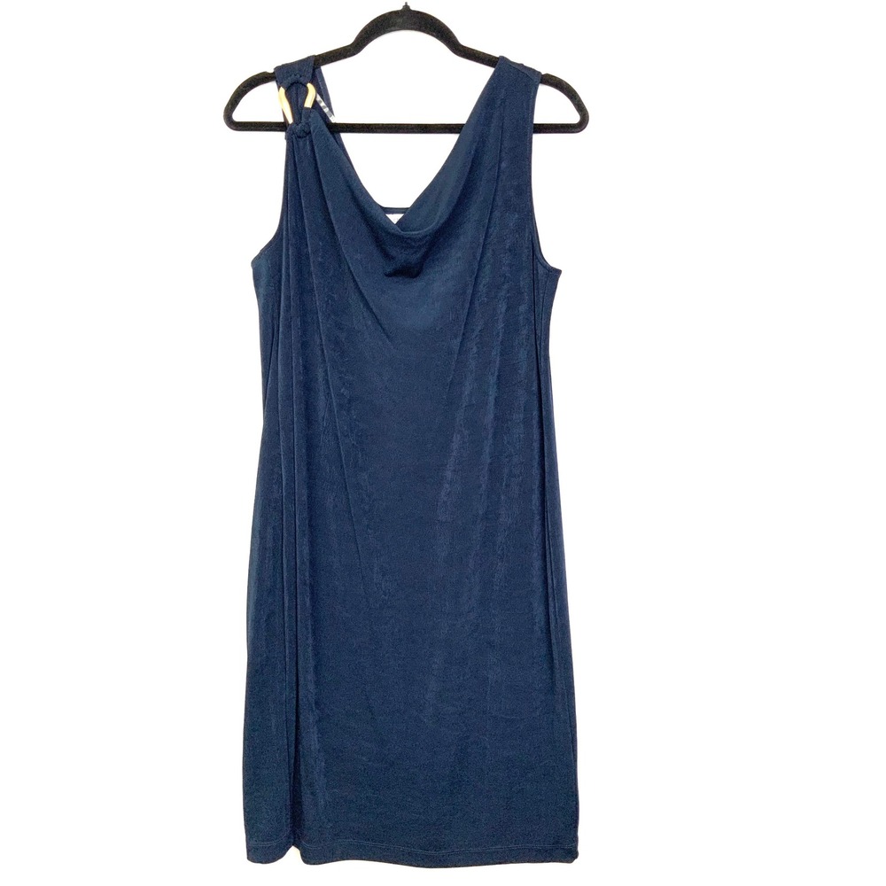 Chico's Travelers Sz 3 XL Navy Blue Drape Neck Gold Hardware Slinky Midi Dress